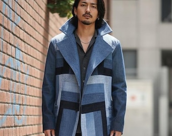 Chaqueta cruzada de patchwork de mezclilla reciclada: única y unisex