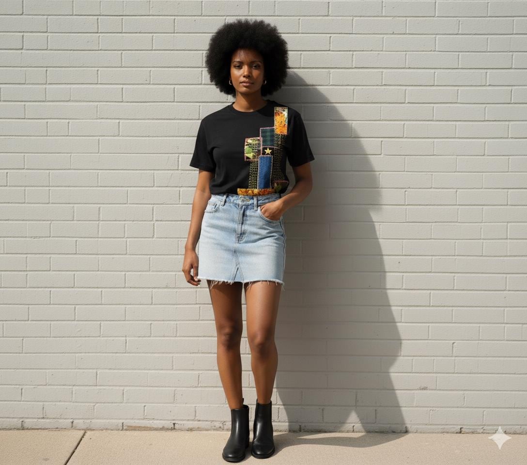 Black Patchwork T-shirt: Sashiko Inspired, Recycled Materials
