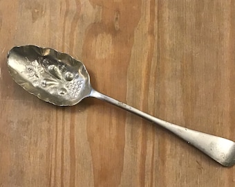 Antique Silver Plate Large Fruit Serving Spoon, Victorian Silver Plated Dessert Serving Spoon, Repousse Fruit Design