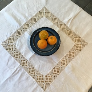 Large Vintage Cream Linen Tablecloth With Cotton Crocheted Lace Inset and Border, Vintage Table Linen