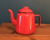 Large Vintage Red Enamel Teapot - Rustic Farmhouse Style, Vintage Red Enamel Coffee Pot, Vintage Kitchenalia, Traditional Enamel Teapot