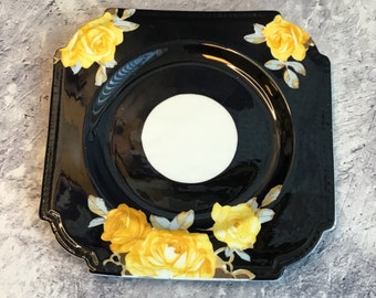 Prato de chá quadrado raro Aynsley Art Déco Bone China - preto com rosas amarelas, bolo Aynsley dos anos 1930 / prato lateral de sobremesa