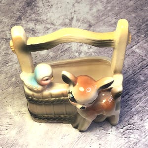 Vintage Mid Century Bambi Deer and Bluebird Ceramic Kitsch Planter