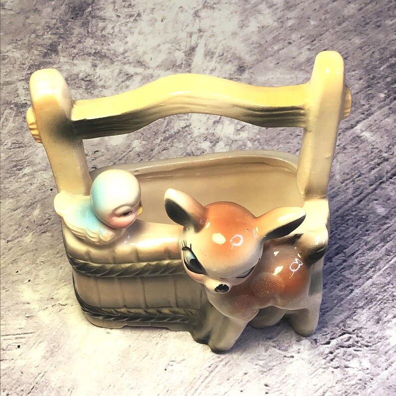 Vintage Mid Century Bambi Deer and Bluebird Ceramic Kitsch Planter