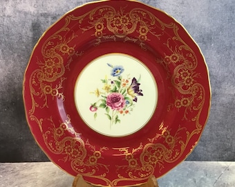 ロイヤルウースター ディナープレート、紫、青、黄、赤の花柄ボーダー