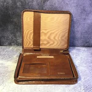Vintage Keystone Calf Brown Leather Zipped Bifold Portfolio Padfolio Case, Letter Organiser
