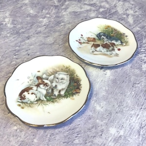 May include: Two white ceramic plates with gold trim. One plate features a white cat and a brown and white rabbit in a field of flowers. The other plate features two brown and white puppies in a field of flowers.