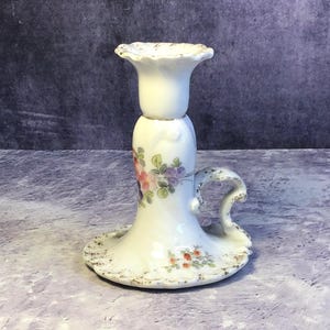 Antique WG & Co France Porcelain Chamberstick Candle Holder, Early Vintage 1900s William Guerin Limoges Floral Candlestick With Handle