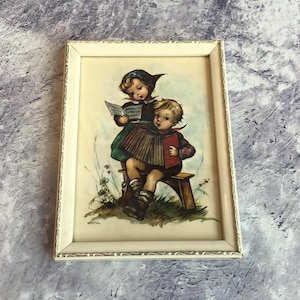 Vintage 1960s Small Framed Print Signed Hilde - Boy and Girl Singing With Accordion In Original Frame, 1960s Kitsch Picture