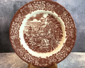 Vintage British Anchor Ironstone 10 Inch Dinner Plate - Memory Lane Pattern - Reddish Brown & White Transferware