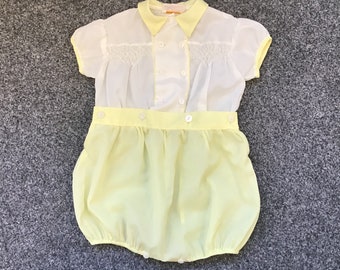 Vintage Cooks of St Paul's 2-Piece Lemon and White Baby Romper Suit, Yellow and White Smocked Blouse / Top With Romper Pants Set