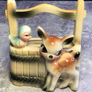 Vintage Mid Century Bambi Deer and Bluebird Ceramic Kitsch Planter