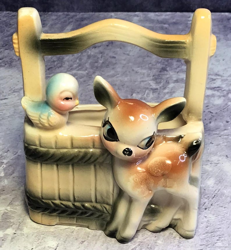 Vintage Mid Century Bambi Deer and Bluebird Ceramic Kitsch Planter
