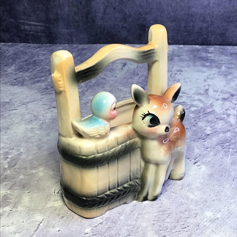 Vintage Mid Century Bambi Deer and Bluebird Ceramic Kitsch Planter