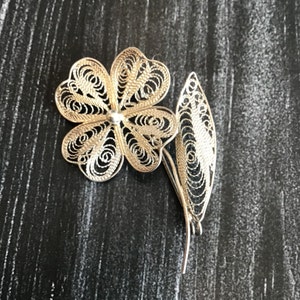Vintage Silver Filigree Flower and Leaf Brooch, Vintage Pin