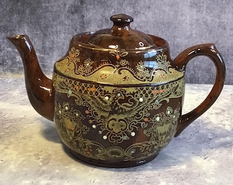 Vintage Brown Betty Tortoiseshell Teapot With Gold Eagles Gilded Flower Baskets and Hand Painted Details