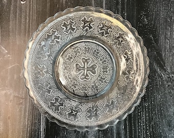 Vintage Pressed Glass Saucer Shape Decorative Dish - Four Leaf Clover
