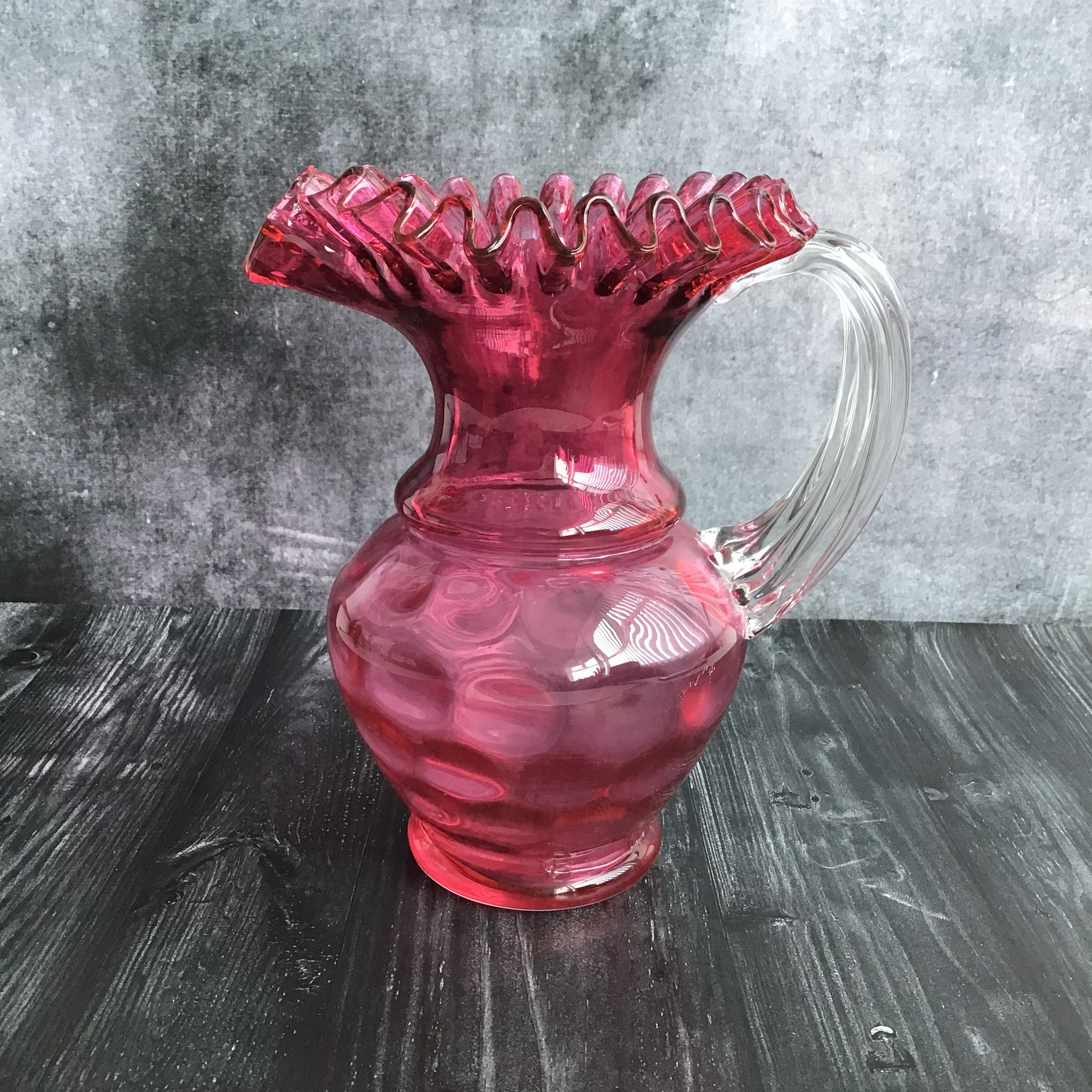 Large Antique Cranberry Glass Jug With Dimple Body and Crimped