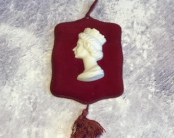 Vintage 1970s Capodimonte Italian Porcelain Queen Elizabeth II Red Velvet Plaque Wall Hanging, Royal Memorabilia Queen Silver Jubilee 1977