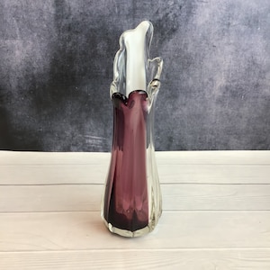Vintage Mid Century Italian Art Glass Vase, Purple White and Clear Freeform Stretch Finger Glass Vase Possibly Murano