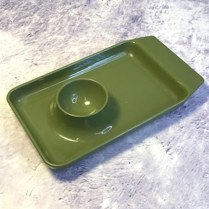 Vintage Mid Century Green Plastic Rectangular Egg Cup Saucer, Snack Tray