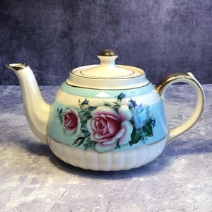 Rara teiera vintage Sadler China blu e bianca con rose rosa e accenti dorati