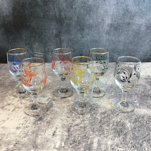 Set of 6 Vintage 1950s Mid Century Atomic Sherry Glasses, Stem Glasses, Small Wine Shot Liqueur Glass, Barware