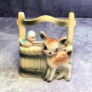 Vintage Mid Century Bambi Deer and Bluebird Ceramic Kitsch Planter