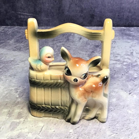 Vintage Mid Century Bambi Deer and Bluebird Ceramic Kitsch Planter