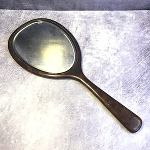 Grand miroir de courtoisie vintage en bois, style Mid-Century avec effet imitation écaille de tortue et miroir aux bords biseautés