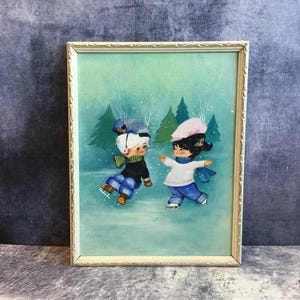 Vintage Mid Century Original Painting of Cute Boy and Girl Skating In a Pretty Winter Scene With Cream and Gold Wooden Frame