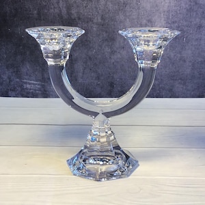 Vintage Villeroy and Boch Lead Crystal Two Arm Verdi Candlestick Holder, Double Branch Glass Candelabra