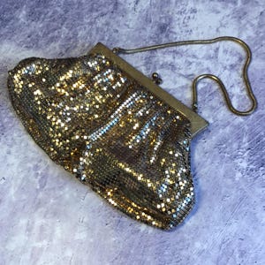 Vintage Gold Mesh Evening Bag With Gold Snake Carry Chain, 1960s Gold Chainmail Evening Purse