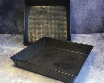 Pair of Rustic Vintage Ovenex Pat 485300 Square Sandwich Cake Baking Tins, 7 Inch Square Cake Pans, Bakeware Moulds