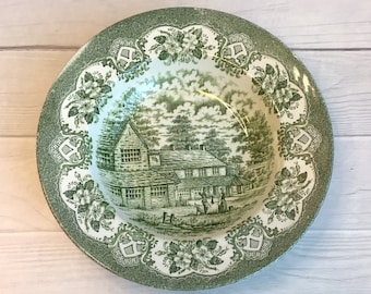 Vintage Staffordshire English Ironstone Tableware Limited Green White Transferware Old Inns Series Soup Bowl - The Highway Inn, Large Bowl