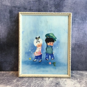 Vintage Mid Century Original Painting of Cute Boy and Girl In a Pretty Winter Scene With Cream and Gold Wooden Frame