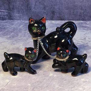 Vintage Mid Century Ceramic Black Cat Family, Kitsch Redware China Black Glazed Mother Cat and 2 Kittens on Chains