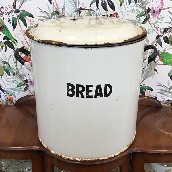 Extra Large Vintage Black and White Enamel Round Bread Bin - Rustic Farmhouse Kitchenalia
