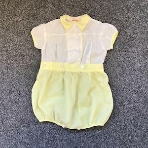 Vintage Cooks of St Paul&#39;s 2-Piece Lemon and White Baby Romper Suit, Yellow and White Smocked Blouse / Top With Romper Pants Set