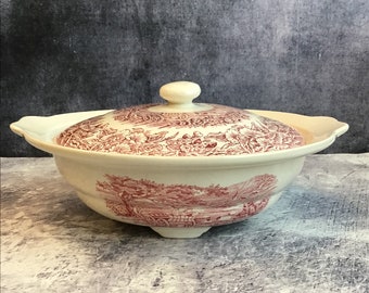 Vintage English Ironstone Tableware Company Red White Tureen, Staffordshire Transferware Pink White Haywain Scene Lidded Serving Bowl