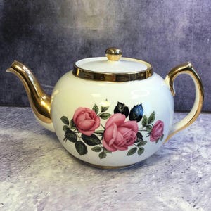 Vintage 1960s China Teapot With Pink Roses and Gilding by Carrigaline Pottery Co Ltd Cork Ireland