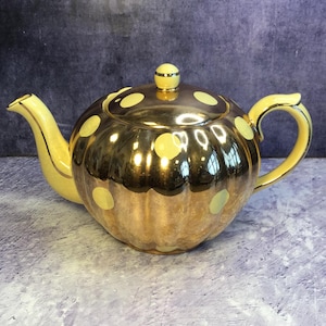 Lovely Vintage Gold and Yellow Polka Dot China Teapot, Fluted Round Belly Shape