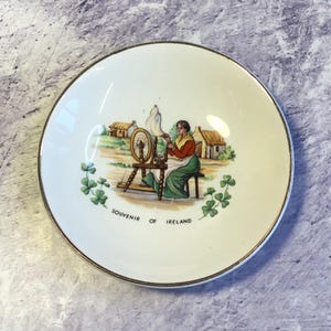 Vintage Weatherby Falcon Ware Trinket Dish With Irish Spinning Woman and Shamrocks, Souvenir of Ireland China Butter Pat Dish
