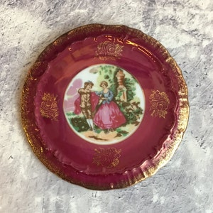 Vintage Ruby and Gold China Wall Plaque / Wall Plate - French Courting Couple Scene