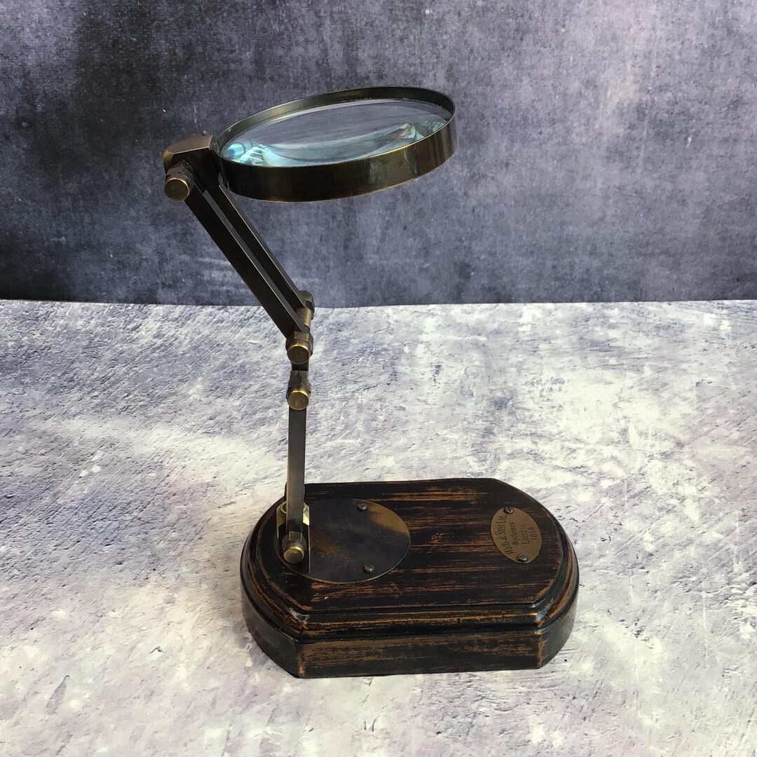Vintage Antique Brass Desk Magnifier on Wooden Stand, Decorative ...