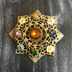 Antique Vintage Czech Bohemian Filigree Brass Brooch With Multi-Coloured Crystals and Enamel