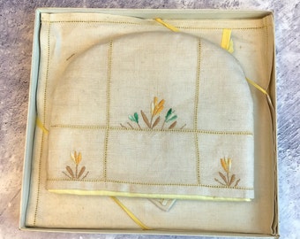 Unused Vintage Embroidered Pure Irish Linen Breakfast Set in Box - Tea Cosy, Tray Cloth and Napkin