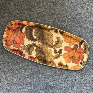 Vintage Mid Century Fibreglass Serving Tray - Arnold Designs Ltd Chalford Glos, Brown and Orange Floral Kitsch Hostess Tray