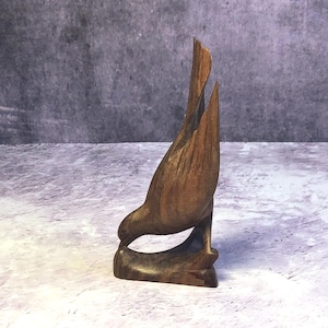 Vintage Hand Carved Wood Bird Sculpture, Small Wooden Feeding Bird Figurine