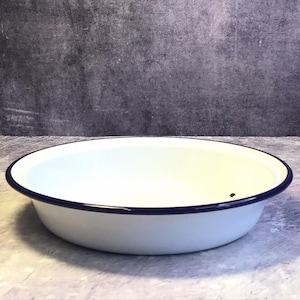 Vintage Blue and White Enamel Pie Dish, Enamelware Shallow Bowl, Vintage Kitchenalia